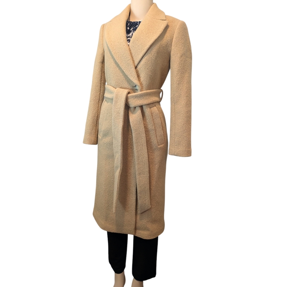 ✨SALE✨ Club Monaco Camel Wool Belted Slim  Satin Lined Long Coat Women's XXS